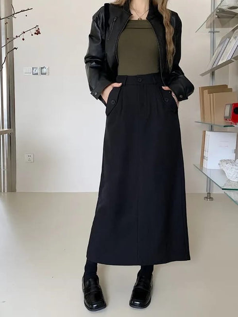 Casual Full Length Side Pocket Loose Skirts With Belt